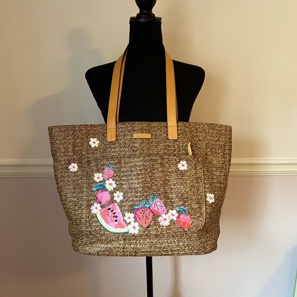 Embroidered Straw Tote Bag - Brown and Tan